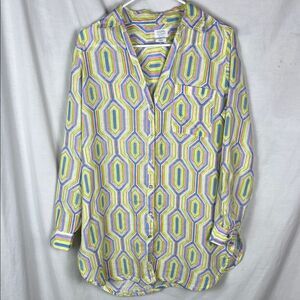 Sigrid Olsen Oversized Linen Tunic Shirt Hexagonal Pattern